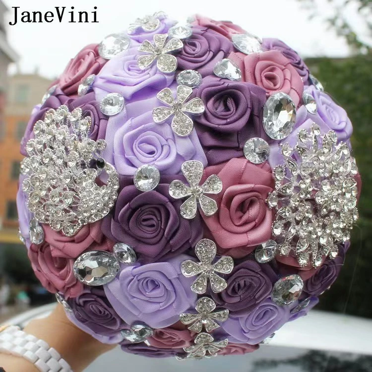 JaneVini Luxury Bling Crystal Purple Wedding Bouquet Bride Rhinestone Bridesmaid Flower Bridal Bouquet Wedding Items Charm Flor