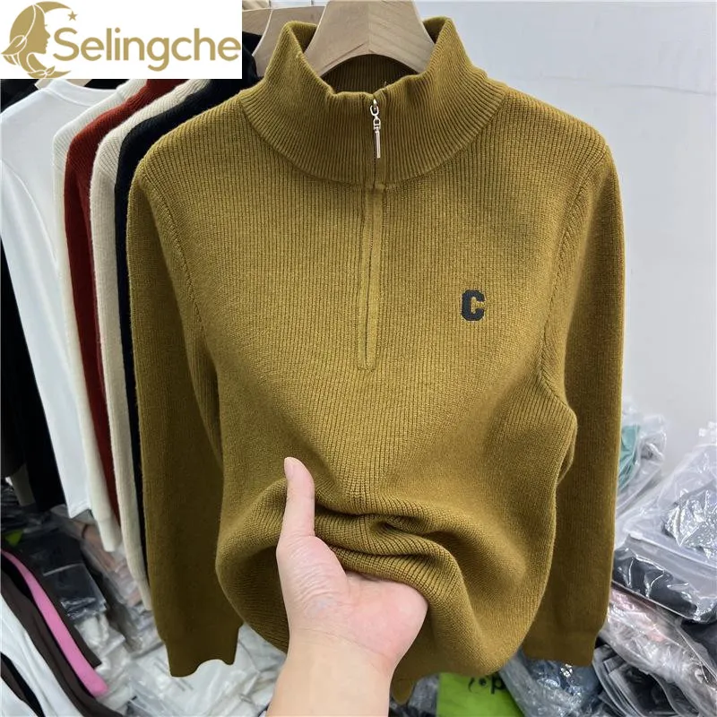 Embroidered Half Zipper Half High Neck Short Pullover Sweater for Women's Autumn and Winter New Long Sleeved Knitted Sweater Top