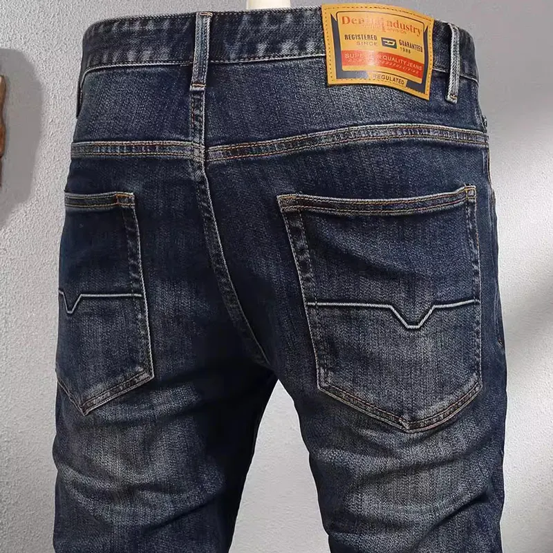 Fashion Designer Men Jeans High Quality Retro Washed Blue Elastic Slim Fit Vintage Jeans Men Casual Business Denim Pants Hombre