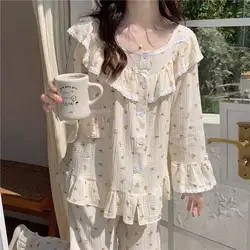 Lace Sleepwear Women Pajama Sets Floral Piiama Spring Sets 2 Pieces Korean Long Sleeve Night Wears Sleep Button Ruffle Home Suit