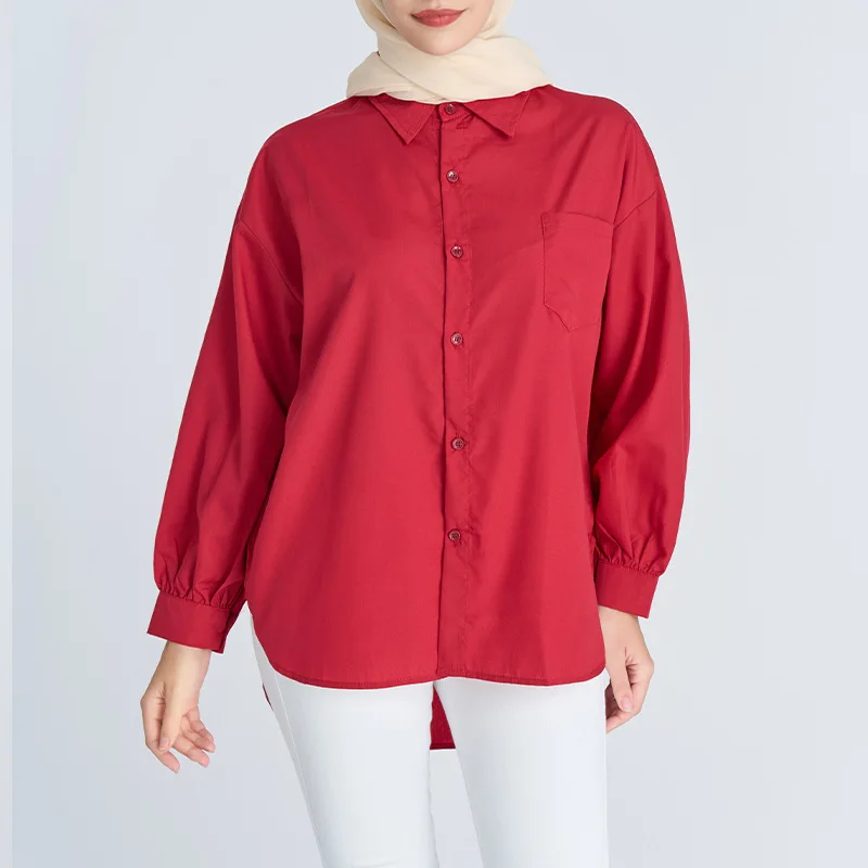 2023 Solid Color Top Pocket Decoration Women Basic Blouse Turn Down Collar Long Sleeve Shirt Tops Muslim Female Dubai Islamism