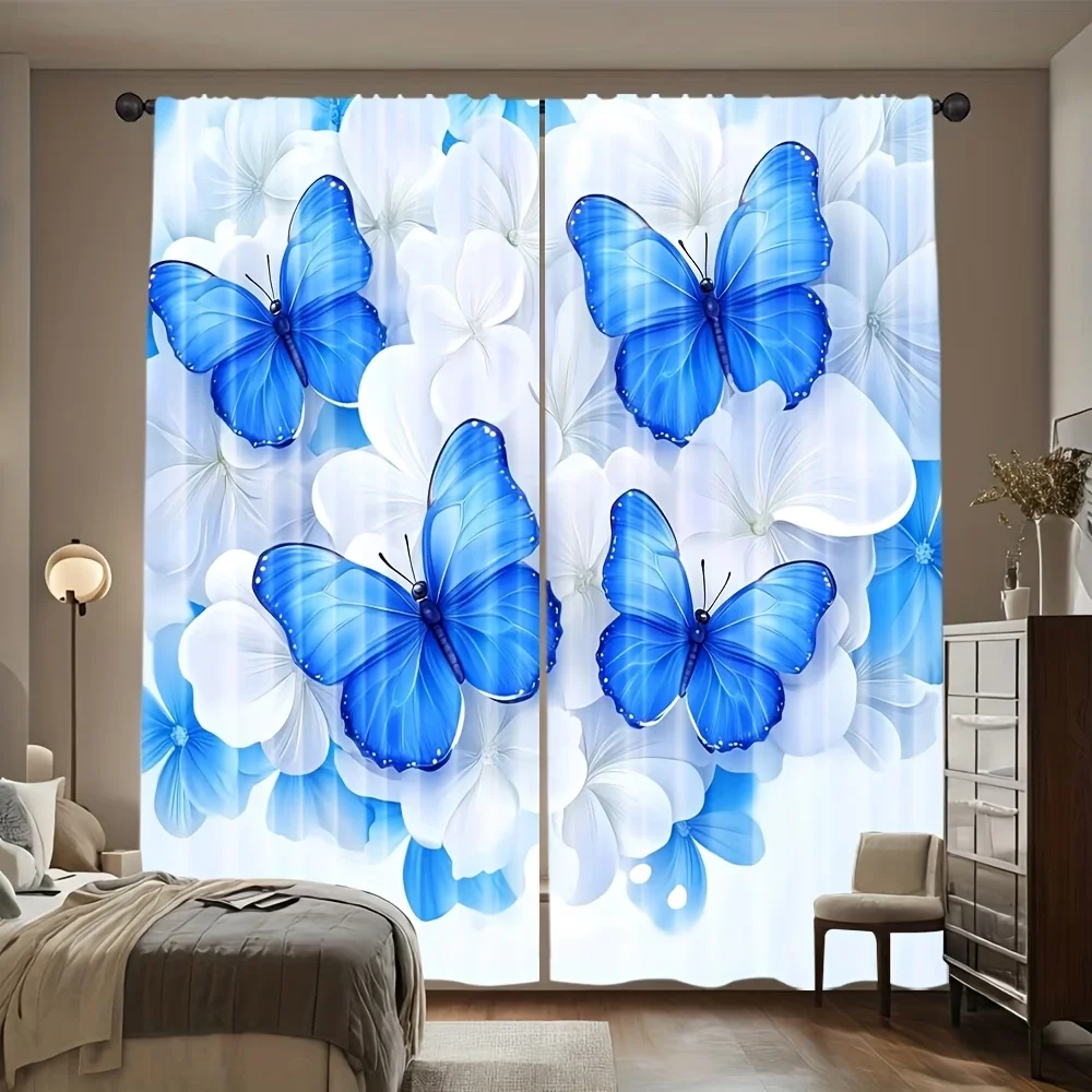 2PCS Digital Printed Curtains, Bright Blue Butterfly Vibrant Insect Nature, Window Drapes for Living Room Bedroom Home Decor