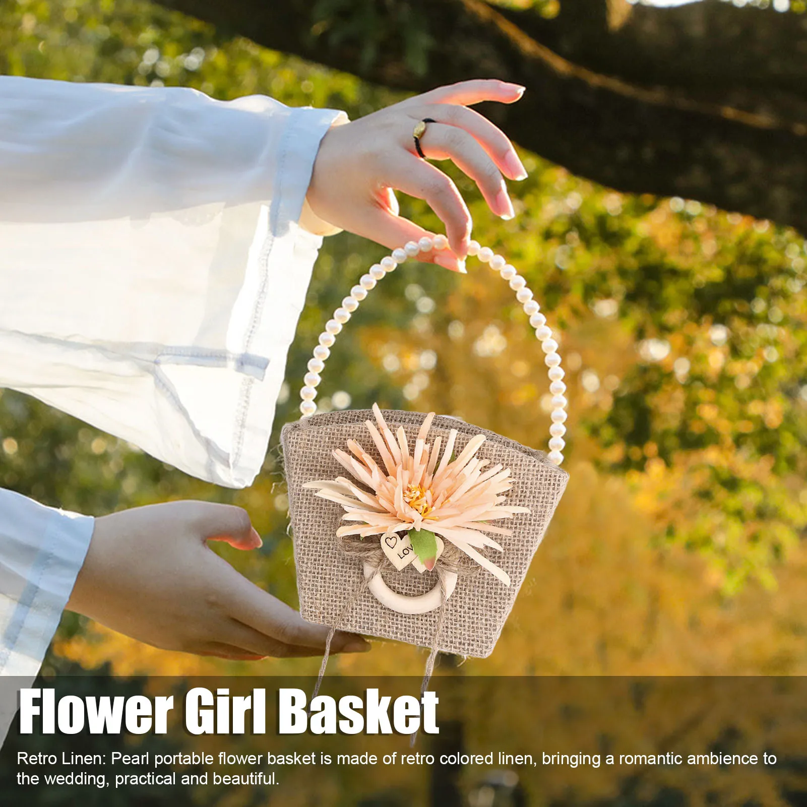 Flower Girl Basket Retro Linen Lovely Appearance Pearl Handle Light Weight Pearl Portable Flower Basket For Weddings