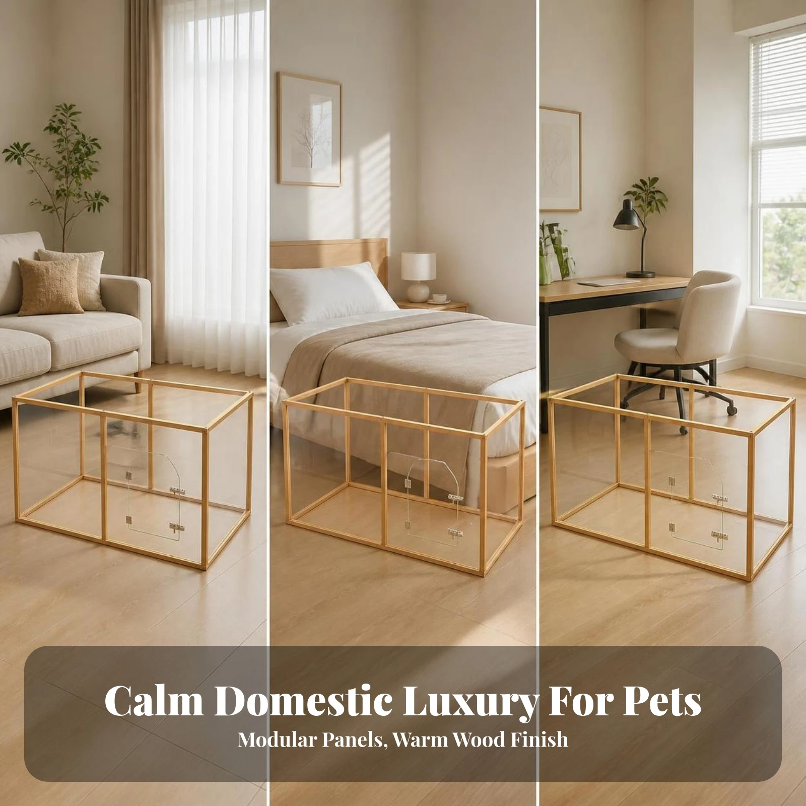 Dog Crate with Transparent Walls Safe Pet Pen with Wooden Frame Indoor Dog Kennel Long-Lasting for Small Dogs, Living Rooms