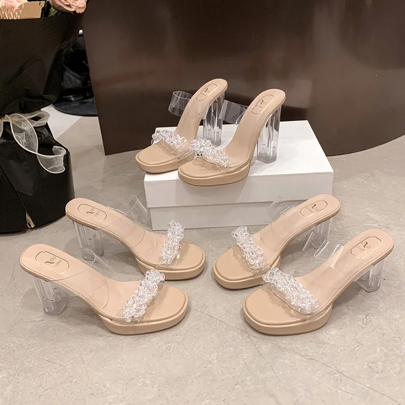 شباشب شفافة أحذية بكعب عالي سيدة كعب مربع بريق الشرائح شباشب على الموضة النساء الصنادل الفاخرة عالية الكعب #5