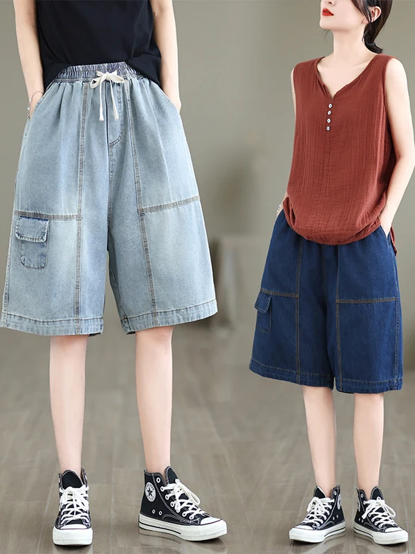 Dames zomer 2025, nieuwe losse, casual a-lijn jeans met wijde pijpen, afslankende rechte vijfkwartbroek, hoge taille, normale...