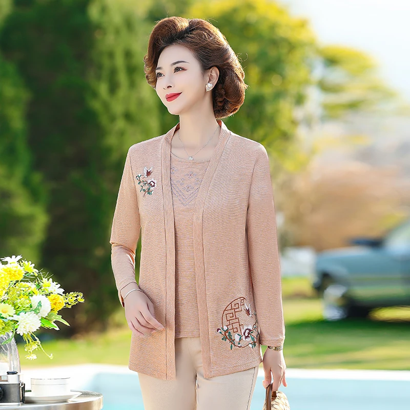 2pcs/set, Middle Age Women Long Sleeve Knitted Cardigan embroidery Top T-shirt Spring Fall Mother Clothing Camisetas Mujer