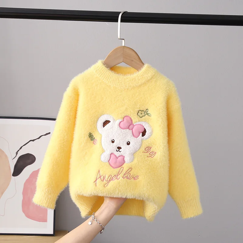 Autumn Winter Girls Sweater Keep Warm Little Girl Cotton Clothing Cartoon Bear Flocking Pullover Knitting Sweaters Kids GY07261