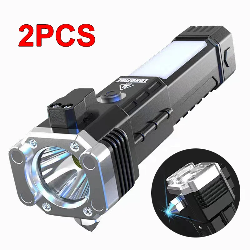 

2PCS Multi-functional High-brightness Flashlight Car Safety Hammer Handheld Torch USB Charging Emergency Work Light Power Bank