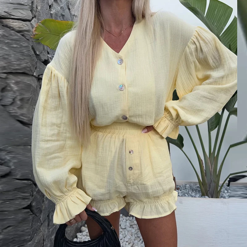 

Lady Elegant V-Neck Blouse&Shorts Suit Fashion Solid Color Slim Vacation Outfits Women 2025 Single-breasted 2Pcs Temperament Set