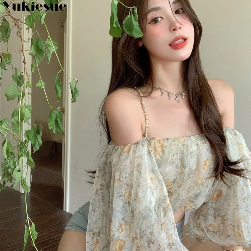 Summer Slash Neck Casual Butterfly-sleeve Party Tops Crop Floral New Blouse Women Sexy Sweet Trendy Feminine Maiden Off Shoulder