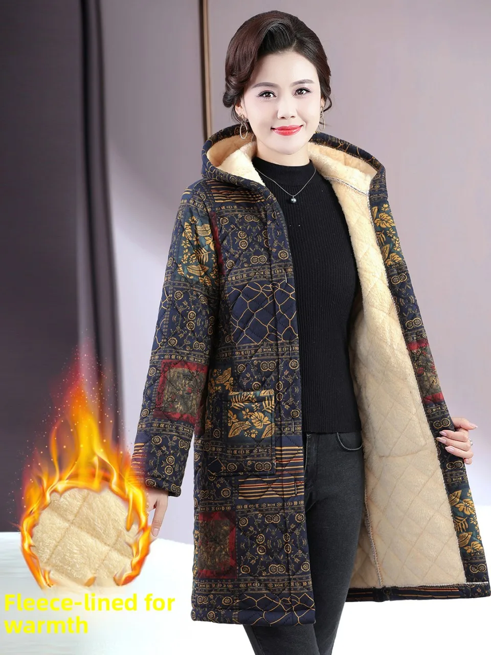 

Утепленное хлопковое пальто с капюшоном и этническим принтом средней длины для мам, теплая зимняя одежда для женщин среднего возраста