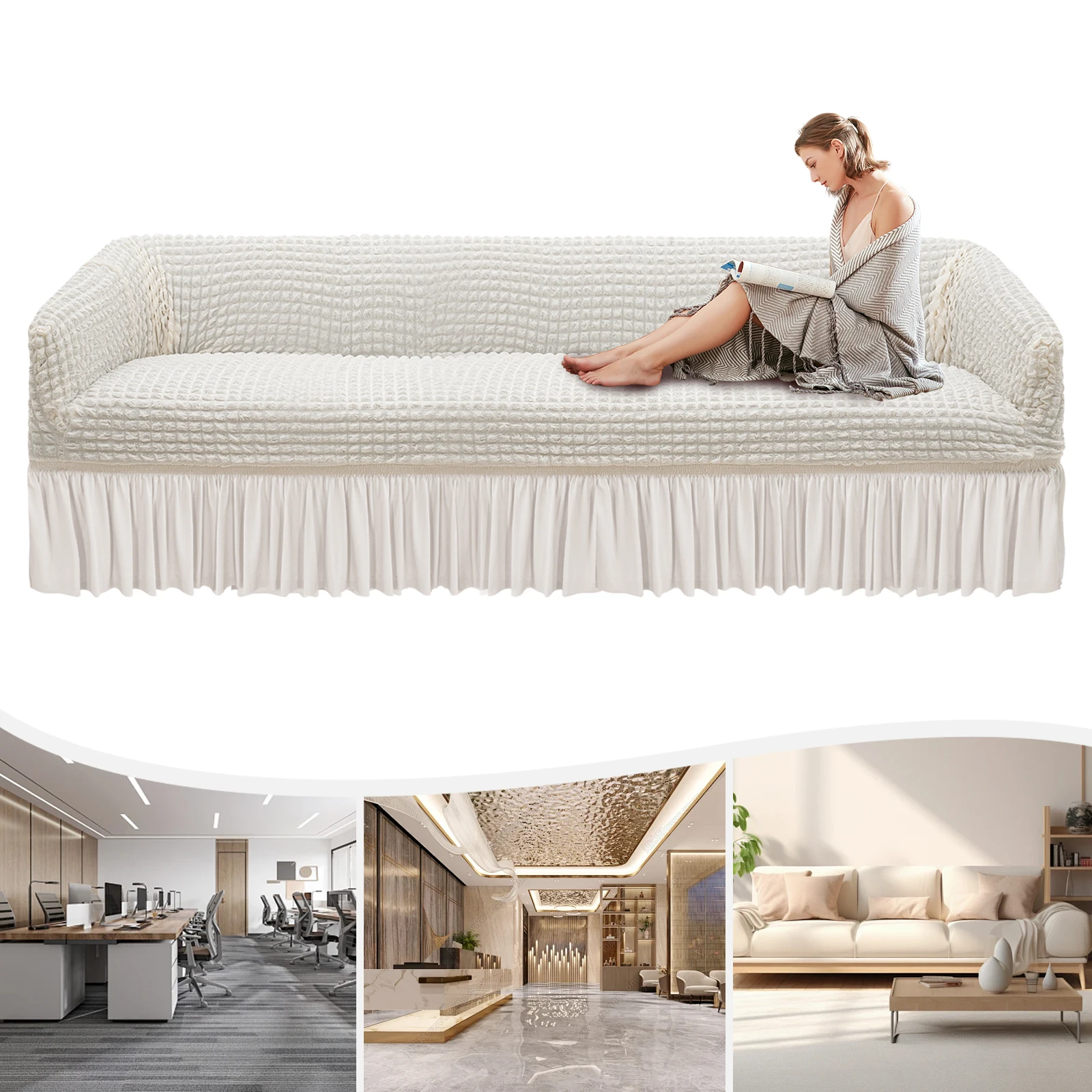 

Stretch Slipcover for Sofa(Cream Color)—92.5-118.1in Fit Seersucker(Breathable/Skin-Friendly) Skirt Design(Elegant) Easy Install