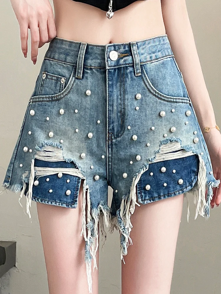 

2025 New Fashion Summer Women's Denim Shorts Broken Holes Tassel Pearls Decoration Pockets Slim Super Short Jeans