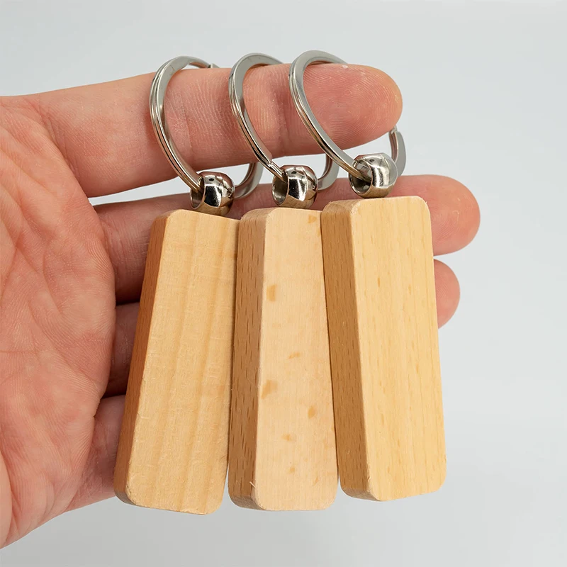 10-100Pcs Wood Keyfob Wooden Keychain Slender Rectangle Wooden Tag