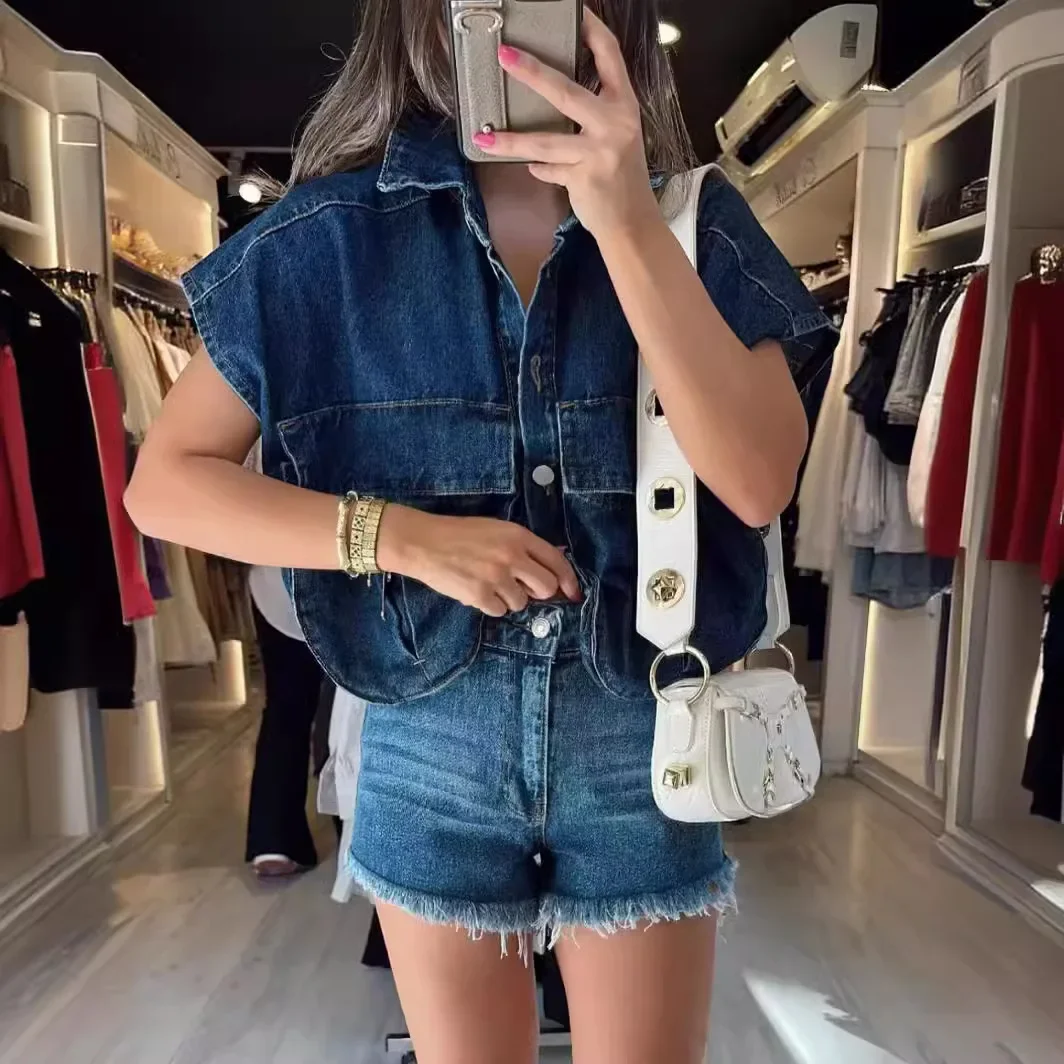 Women\'s Solid Color Large Pocket Sleeveless Cardigan Polo Collar Shirt Denim Top Vest Single Breasted