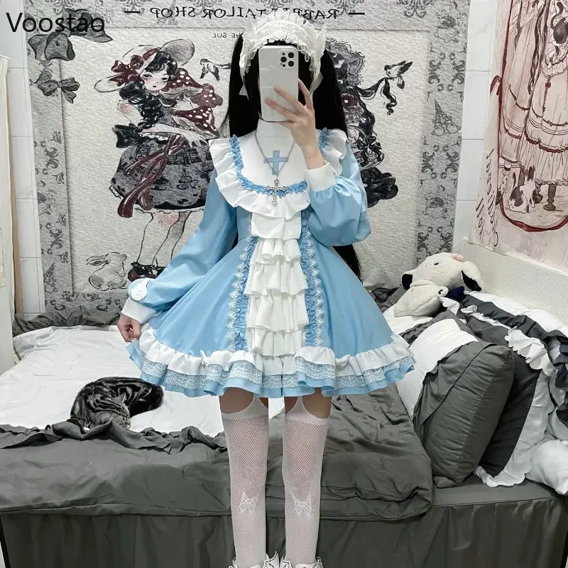 Japanese Gothic Lolita OP Dress Women Victorian Cross Embroidery Ruffles Cosplay Witch Maid Dresses Girls Sweet Party Dress 2023