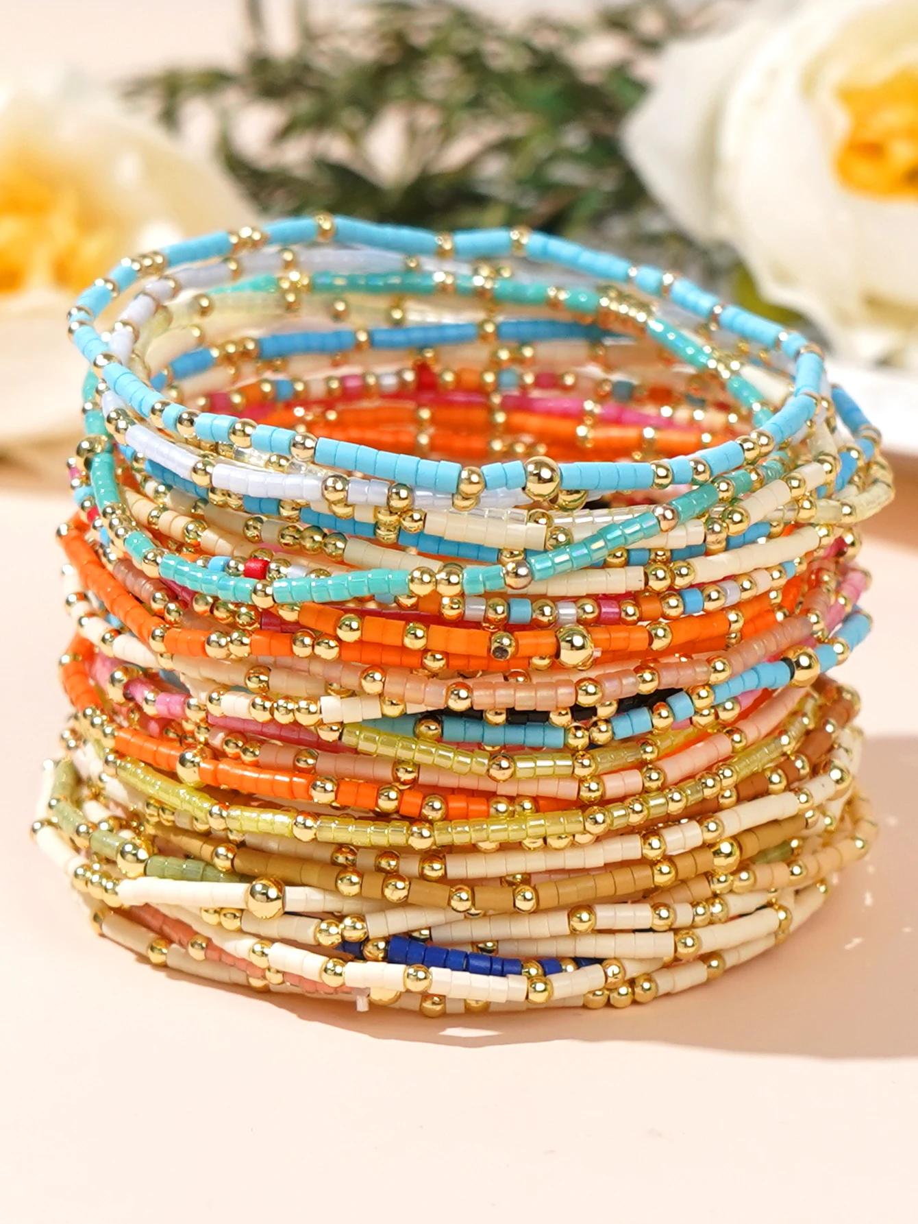 3pcs Summer Bohemian Style Colorful Rice Beads 2mm Copper Beads Stacked Beaded Bracelet