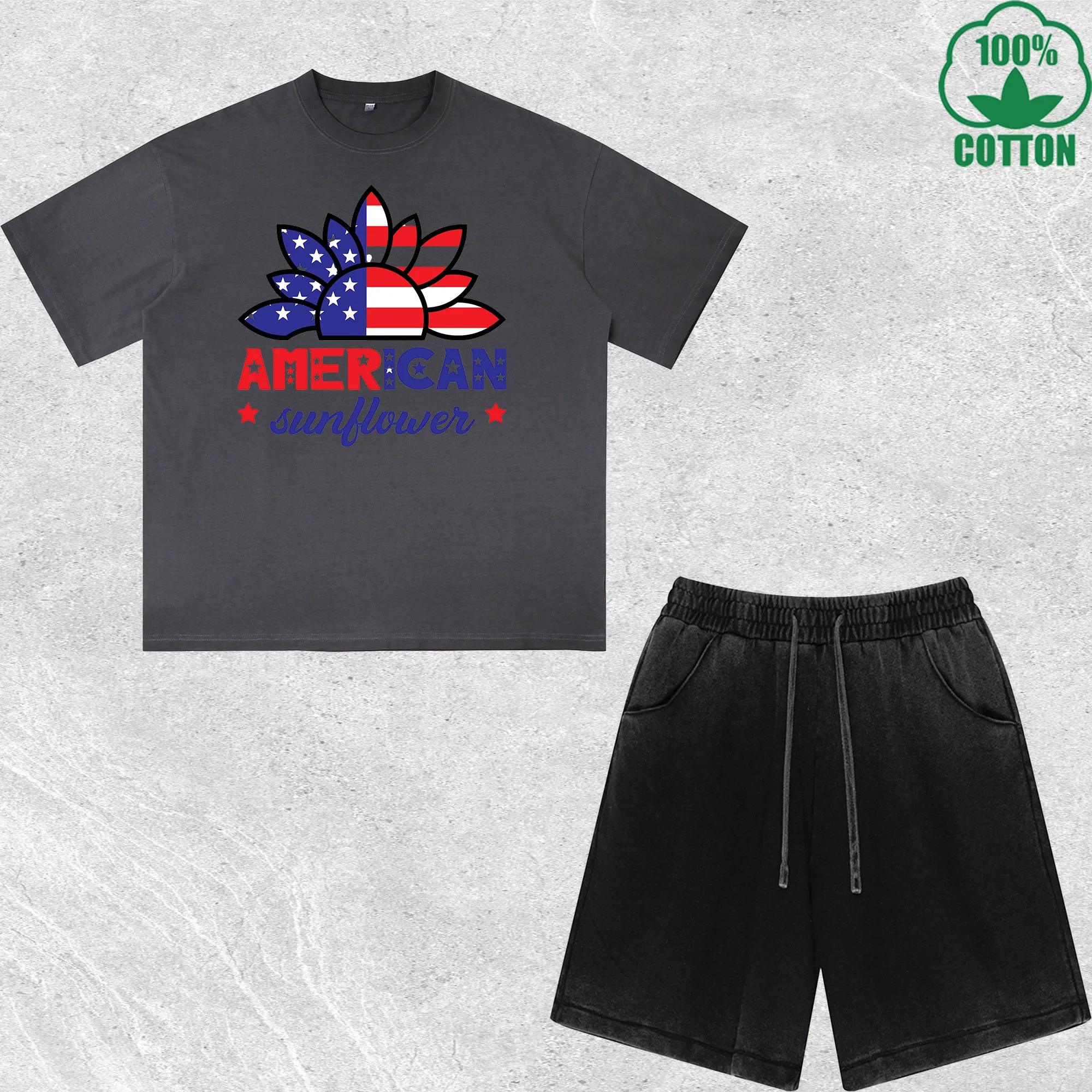 

American Printed Dirty Wash T-Shirt Shorts Set Multicolor Combo Loose Trendy 100%Cotton