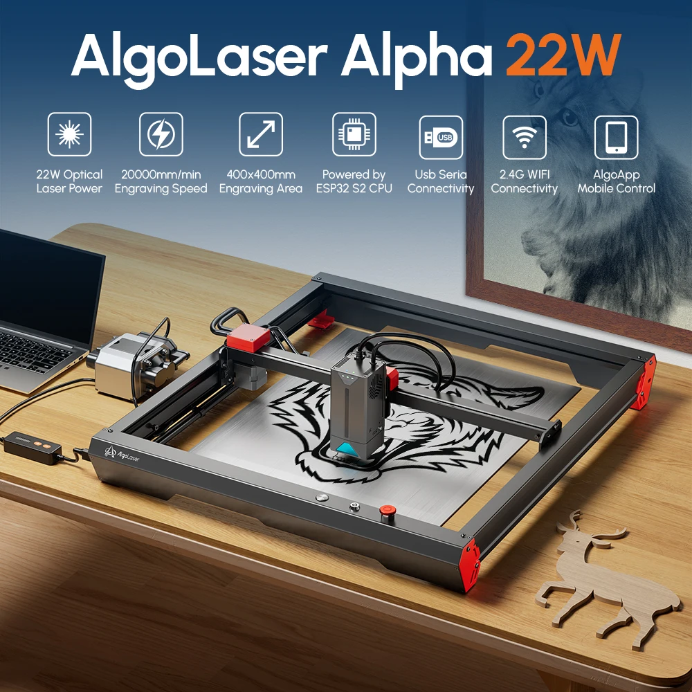 Algolaser Alpha 22W High Power Laser Engraving Cutting Machine 22W CNC Router DIY Metal Laser Engraver Cut 45mm Acrylic Wood