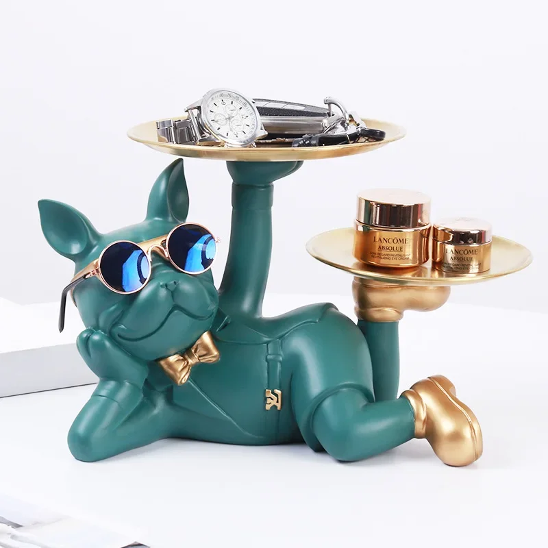 ERMAKOVA  Resin Bulldog Desktop Storage Statue Animal Sculpture Dining Table Decor Multi Functional Office Home Decoration Tray