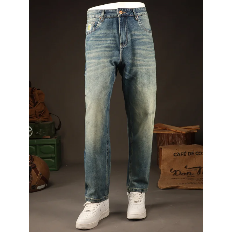 Jeans Retro Amerika Merek Trendi Musim Semi 2025 untuk Pria, Nostalgia Modis, Celana Kasual Jalanan Lurus Longgar