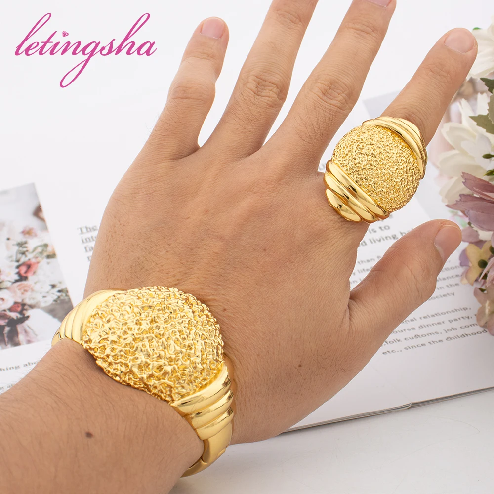 Dubai 18k Gold Plated Bangle Ring Set African Luxury Bangles Bracelet Jewelry Set for Women Daily Wear Party Gift Jewellery