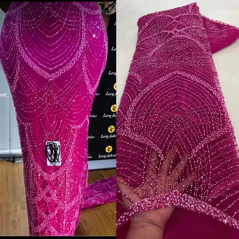 Mesh Fabric with Large Floral Design Beads Pearl Heavy Embroidery Sequin European American Style Dress Wedding Gown Fabric