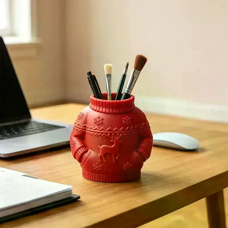 3D-Printed Sweater Shaped Pen Holder Embossed Reindeer Snowflake Patterns For Christmas Decoration Home Desktop Ornament