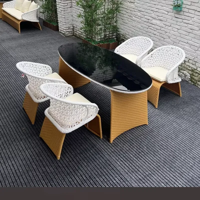Modern White PE Rattan Dining Table Chair Set Outdoor Garden Furniture Hotel Villa New Arrival