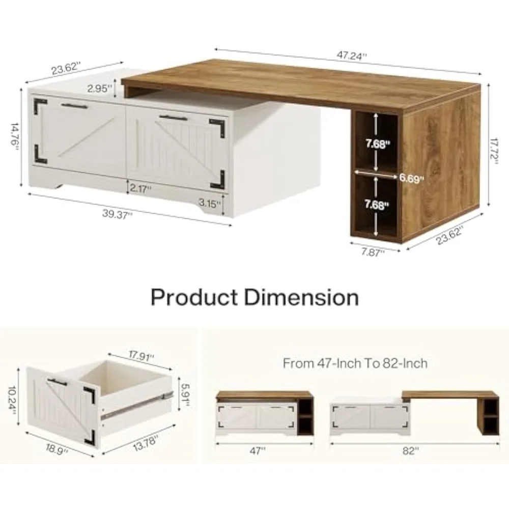 โต๊ะกาแฟทรงสี่เหลี่ยมผืนผ้าแบบขยายได้ขนาดใหญ่พร้อมที่เก็บของสำหรับห้องนั่งเล่น ขนาด 47.24 นิ้ว