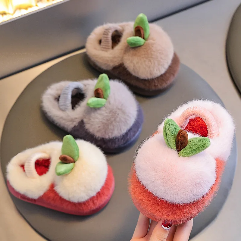 Winter Kids Girls Boys Furry Cotton Home Slippers Cute Apple Design Warm Thick Soled Anti Slip Indoor Household Outdoor Wearable