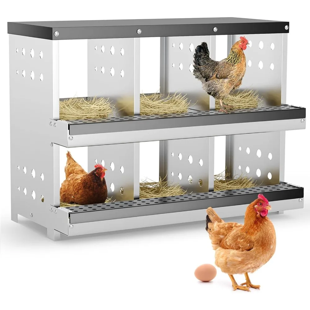 

Chicken Nesting Box 6 Compartment for Chicken Coop - Heavy Duty Galvanized Steel Wall Mount with Vented Design & Removable Mats