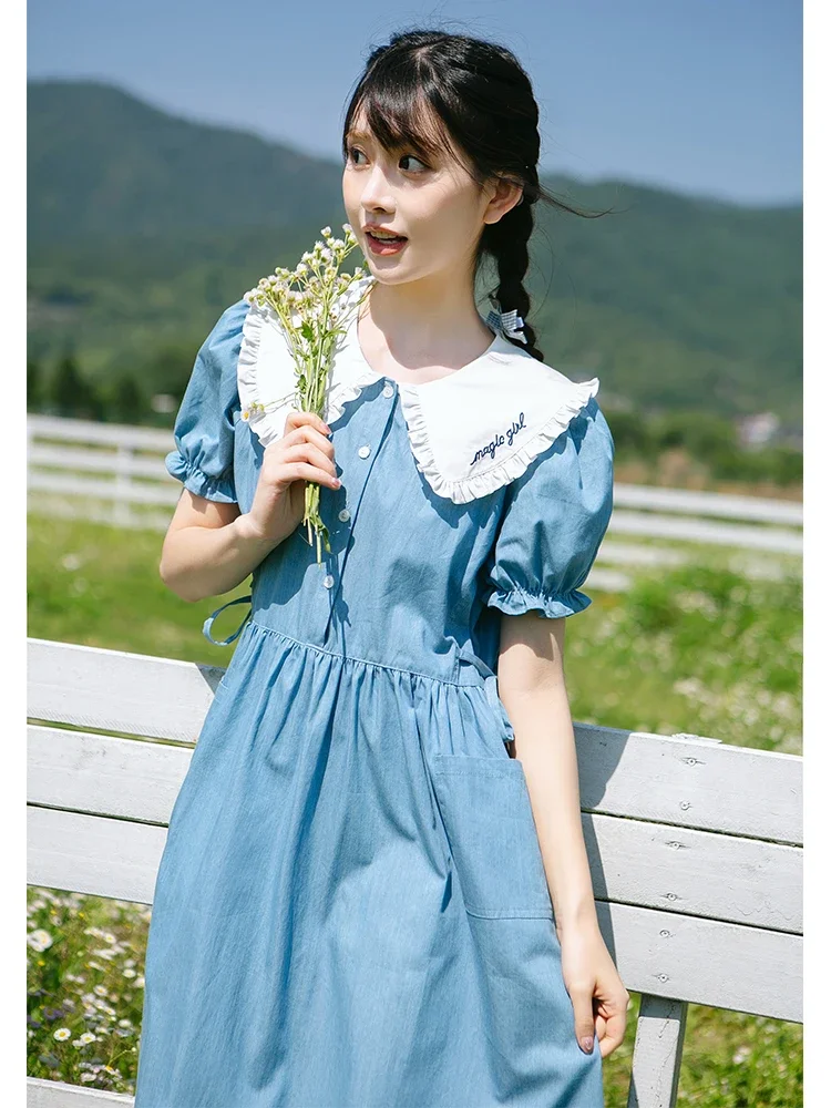 Sweet Preppy Style Young Girl Dress Embroidery Doll Collar Puff Short Sleeve Single-breasted High Waist A-line Blue Dress Women