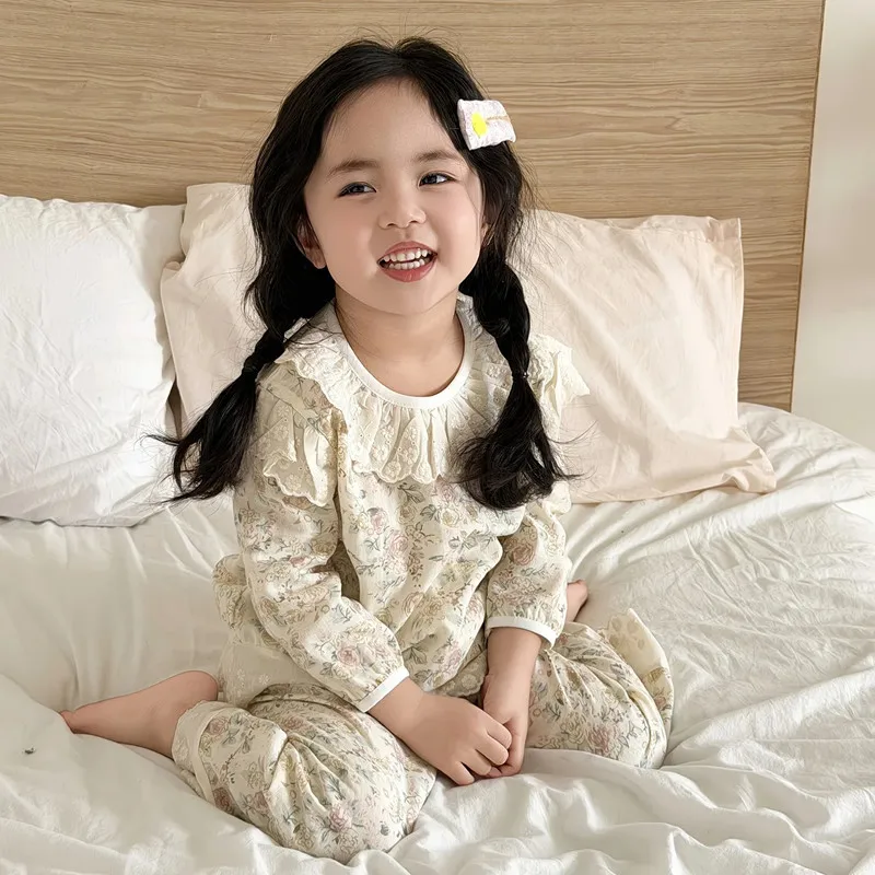 Girls Set Clothes Baby Homewear Muslin Cotton Floral Pajama Outfit Kids Princess Doll Collar Suit Shirt Tops+Pants 2PC 0-7 Years