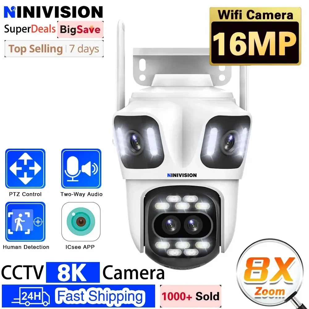 

WiFi Camera 8K 16MP Four Lens Four Screen 8X Zoom Security IP Camera 2K/4K Auto Tracking Outdoor PTZ Video Surveillance iCSee