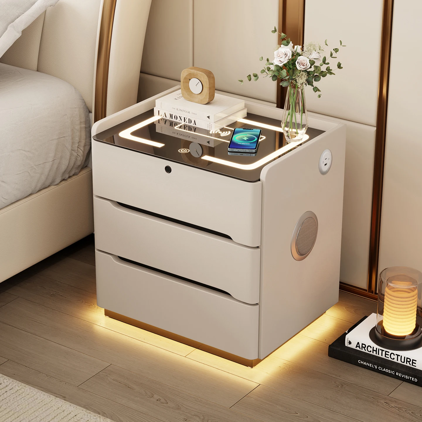 طاولة سرير عائمة مع ضوء حثي، منضدة ذكية حديثة قابلة للقفل، تصميم بسيط، طاولة بجانب السرير بثلاثة أدراج قابلة للشحن #1