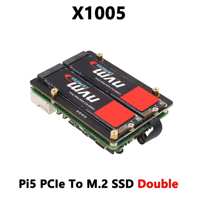 VO-X1005 Podwójna osłona SSD NVME z chłodzeniem + obudowa Pcle do M.2 Dual SSD dla Raspberry Pi 5, obsługuje akcelerator AI Hailo-8