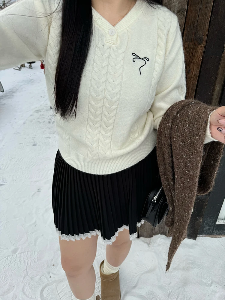 

Корейский вязаный свитер NINI ONE с вышитым бантом для полных женщин, однотонный, осенне-зимний, с длинными рукавами