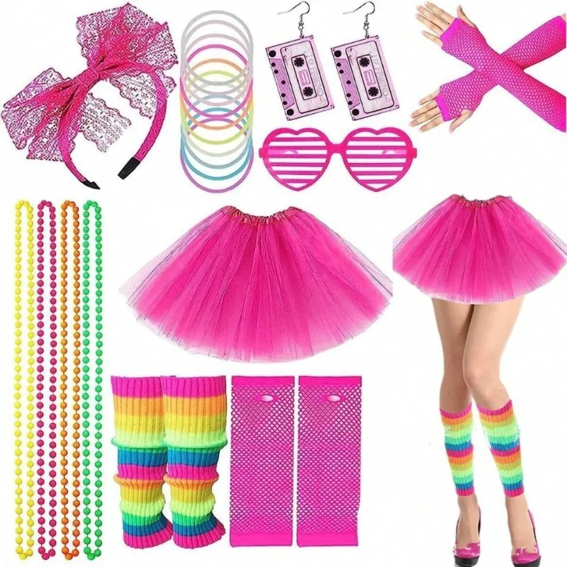 

Набор аксессуаров для семейной вечеринки: неоновые перчатки-сетка в стиле 80-х, красочное ожерелье и браслет для взрослых