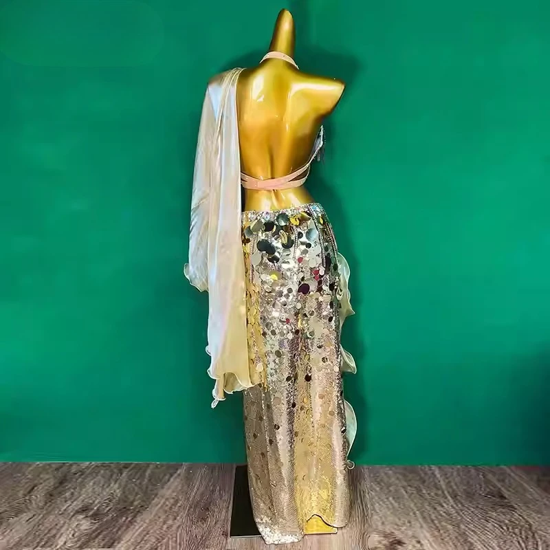 Belly Dancer Competition Outfit Customized Senior Tassel Bra+Advanced Sequin Long Skirt Oriental Performance Dancing Clothing
