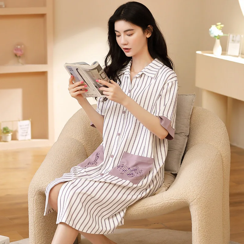 2024 New Cotton Nightgowns For Summer Long Shirt Cardigan Fashion Nightdress Casual Loungewear M-2XL Sleep dress Mujer Pijamas