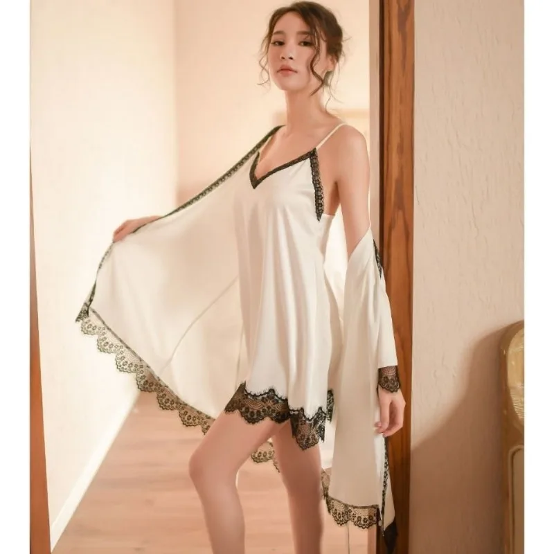 Sexy Smooth and Soft Nightwear Fall Women Spring Fall Ice Silk Thin Slip Nightdress French Lace Seductive No-slip Nightgown Set