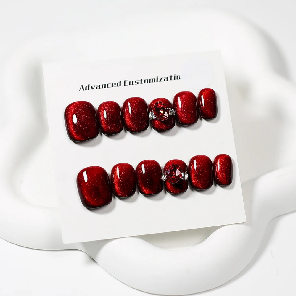 10pcs Dark Tone Press-On Manicure with Metal Accents Short Round Burgundy Rhinestones Cat Eye Press On Nails Colorful Fake Nails view 6
