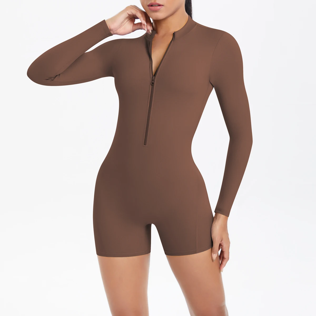 Sport-Shapewear für Damen, kurzärmeliger Einteiler mit Reißverschluss, atmungsaktiver, schnelltrocknender Sport-Yoga-Bodysuit – Detail 17