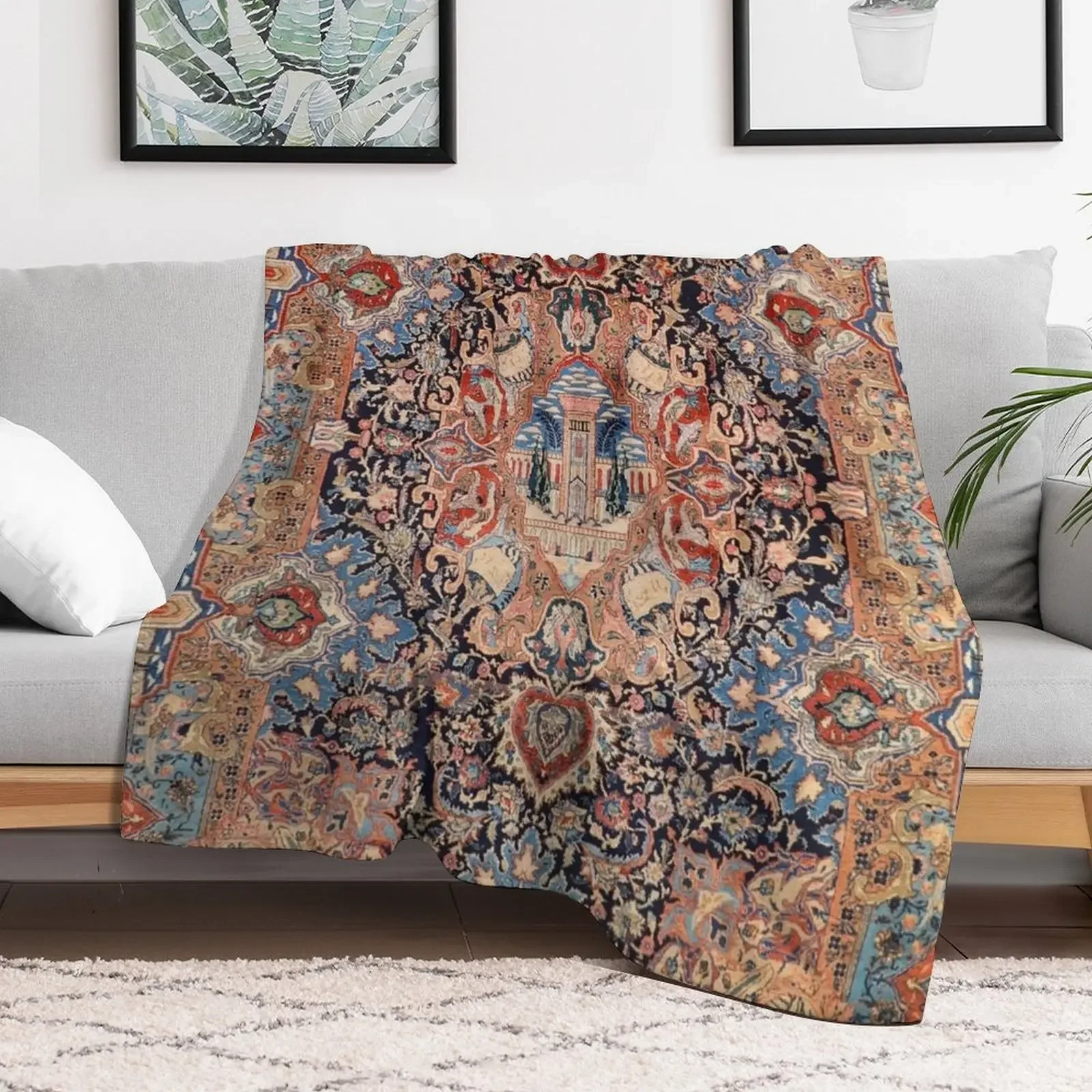 Persia Carpet 19th Century Authentic Colorful Picture of a Black Blue and Red Rug Throw Blanket christmas gifts Blankets