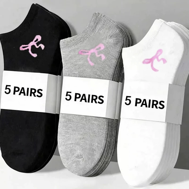 

5Pairs Pink Bowknot Boat Socks Classic Simple Black and White Grey Sweat-absorbent Breathable Socks for Men and Women in Summer