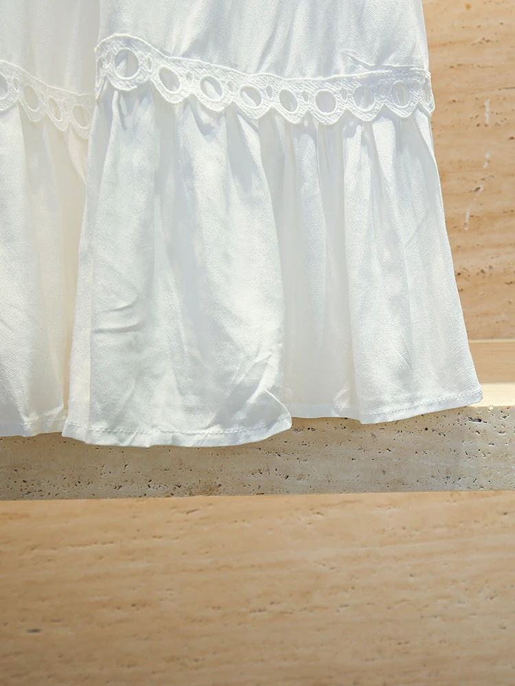 กระโปรงทรงเอไลน์สีขาว แต่งลูกไม้ปักลายฉลุ สไตล์ยุโรป สำหรับผู้หญิง รุ่น High-End  เหมาะสำหรับฤดูร้อน