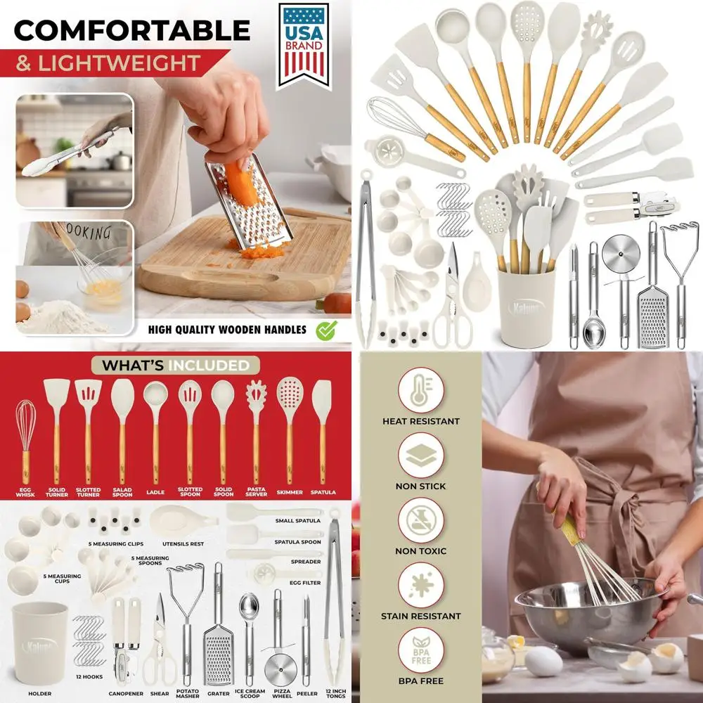 

Premium Silicone Kitchen Tools Set - 50 Pieces, Heat Resistant to 800°F, Wooden Handled, Includes Can Opener, Turner, Spatula, M