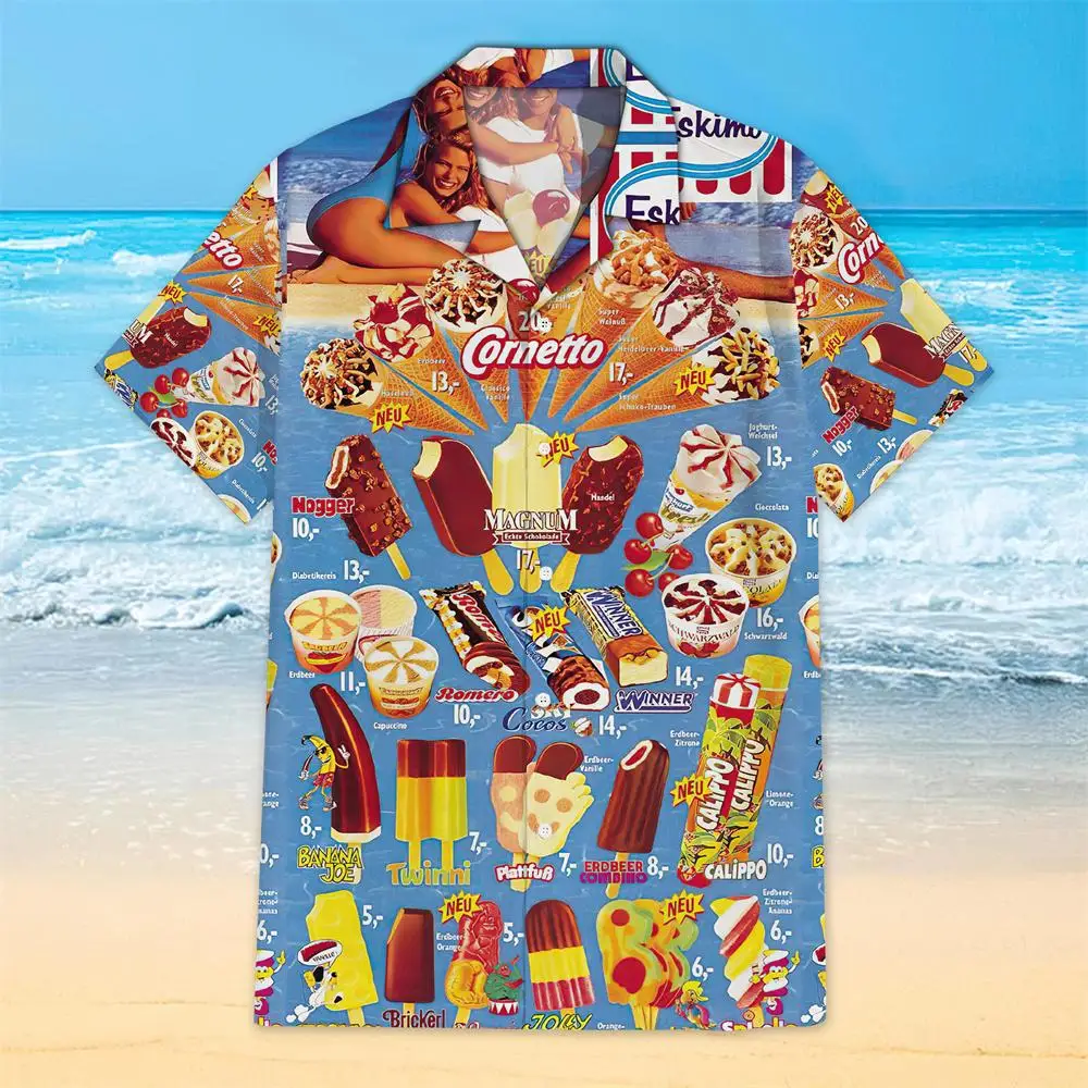 Summer Men\'s Shirt Casual Short Sleeve Ice Cream Pattern Print 3d Hawaii Shirt Male Oversize Clothing Beach Trip Spanish Shirts